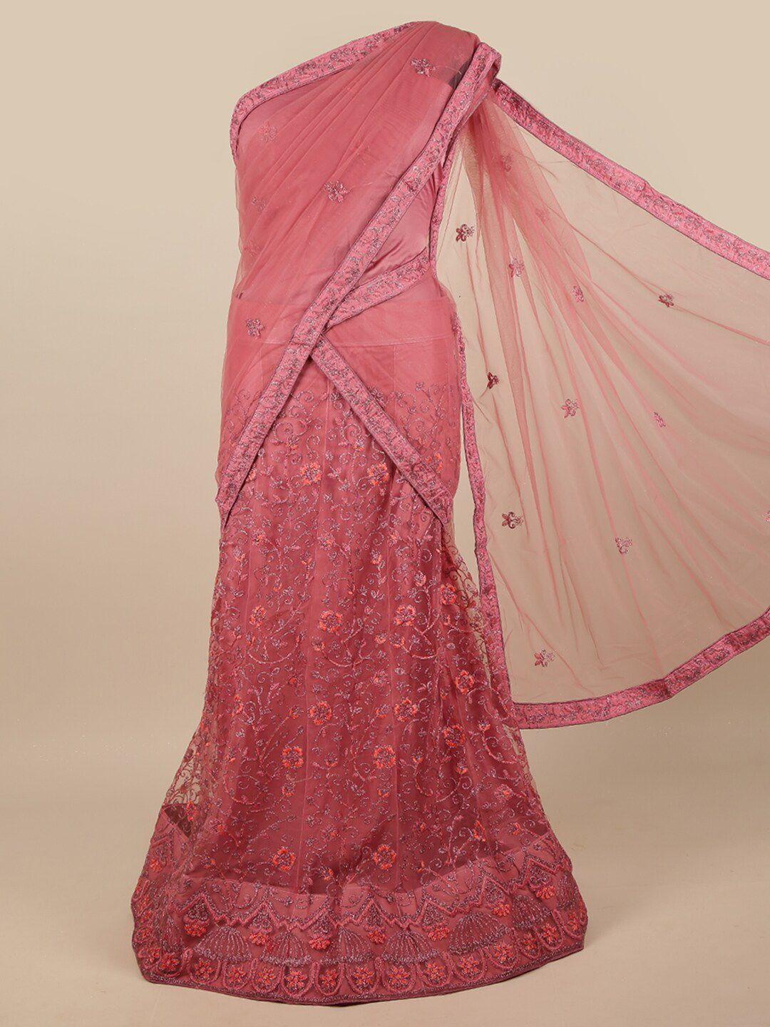 Pothys Peach-Coloured & Silver-Toned Embroidered Zardozi Unstitched Lehenga & Blouse With Dupatta Price in India