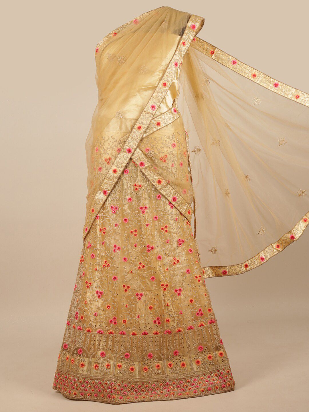 Pothys Cream-Coloured & Red Embroidered Unstitched Lehenga & Blouse With Net Dupatta Price in India