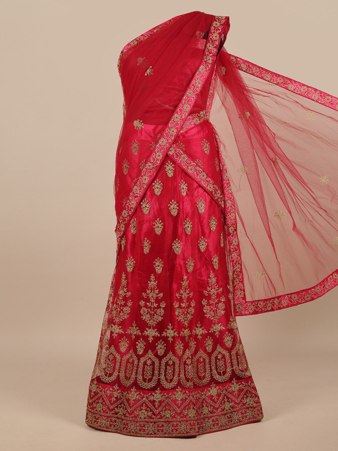 Pothys Pink & Gold-Toned Embroidered Unstitched Lehenga & Blouse With Dupatta Price in India