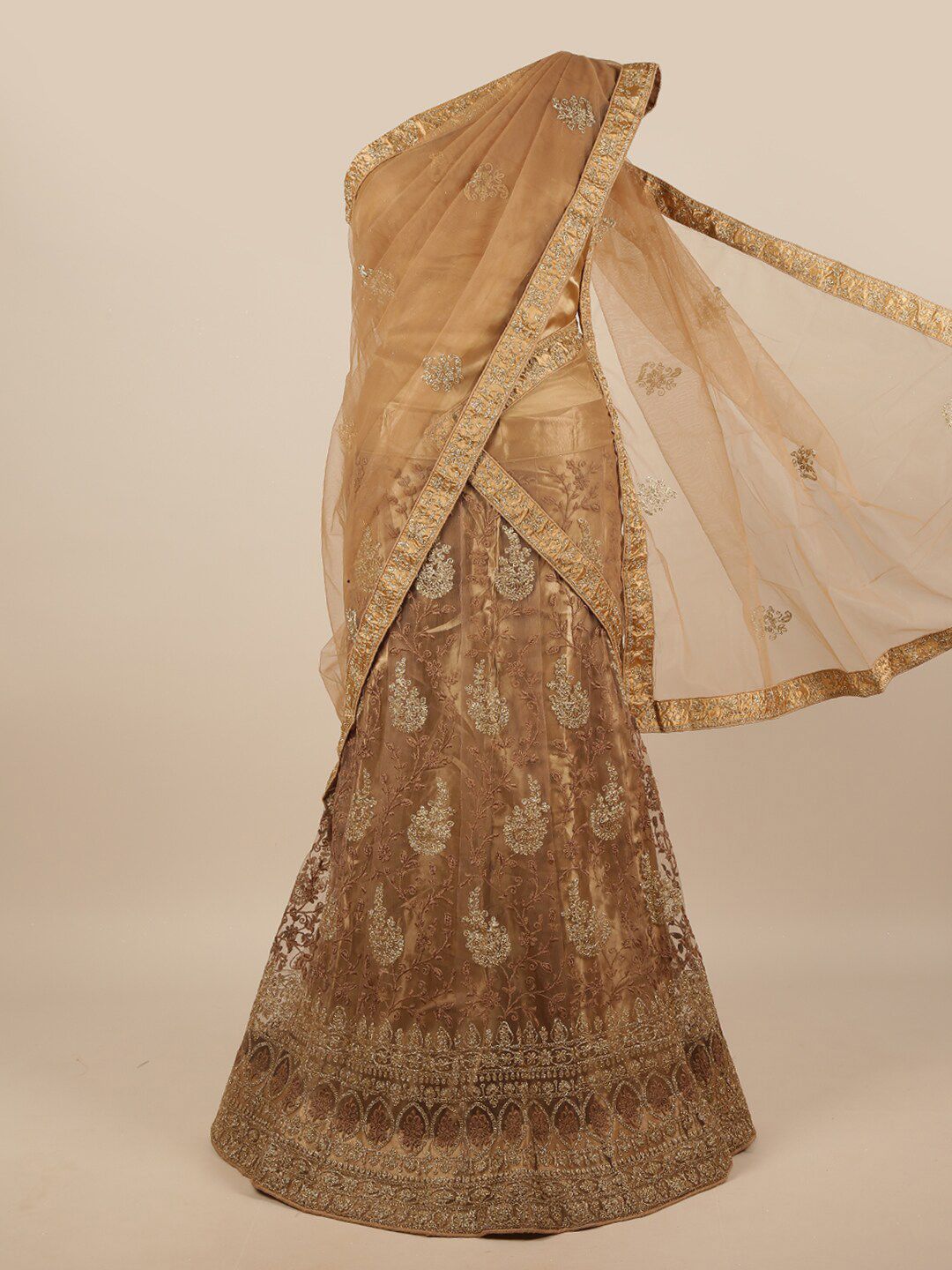 Pothys Brown & Gold-Coloured Embroidered Unstitched Lehenga & Blouse With Dupatta Price in India