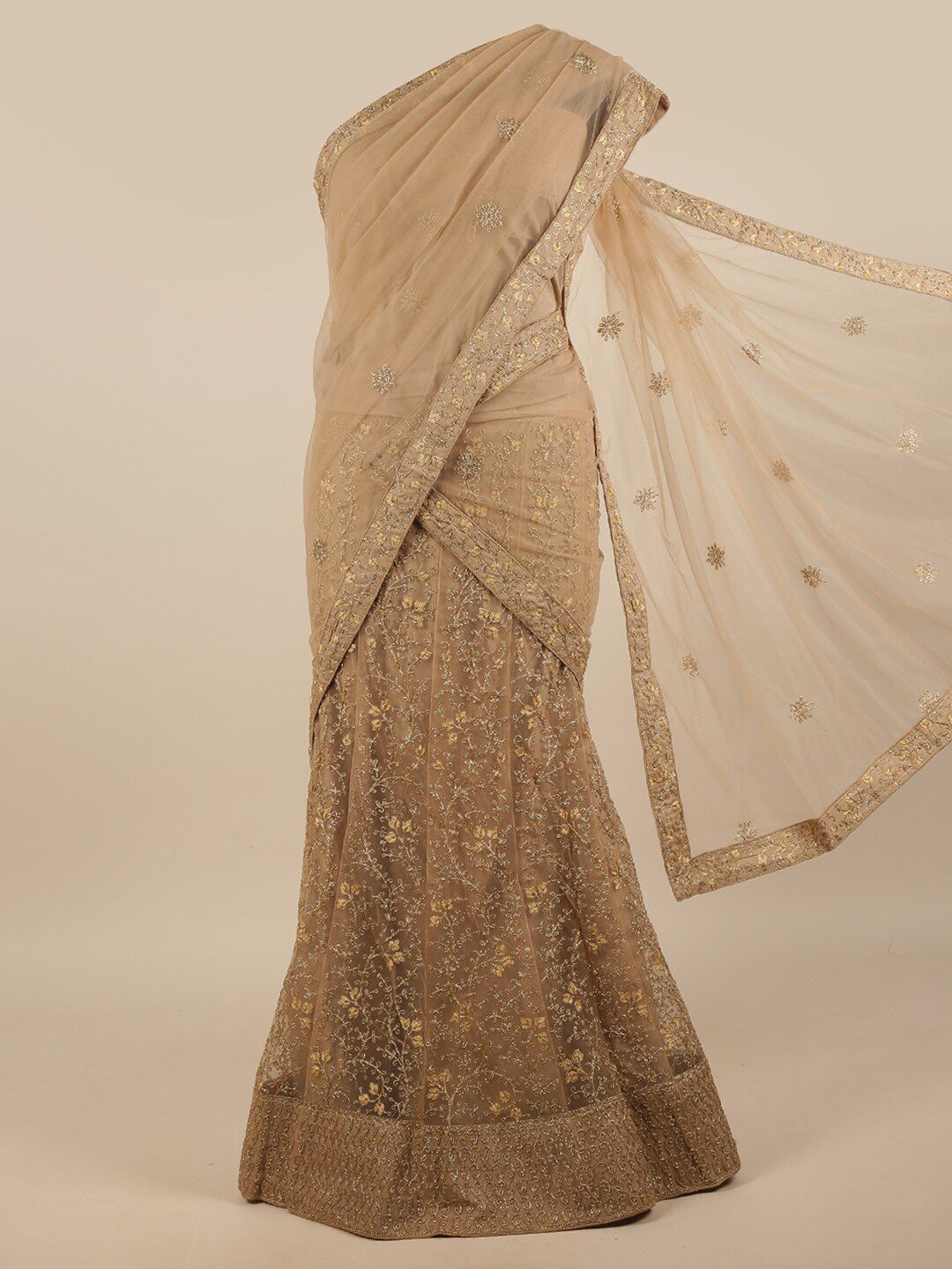 Pothys Brown & Gold Embroidered Zardozi Unstitched Lehenga & Blouse With Dupatta Price in India