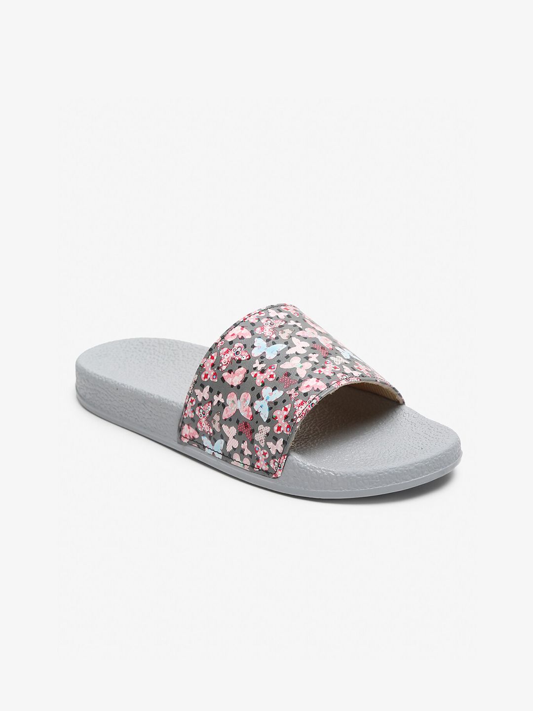 Misto Women Grey & Pink Printed Sliders Price in India