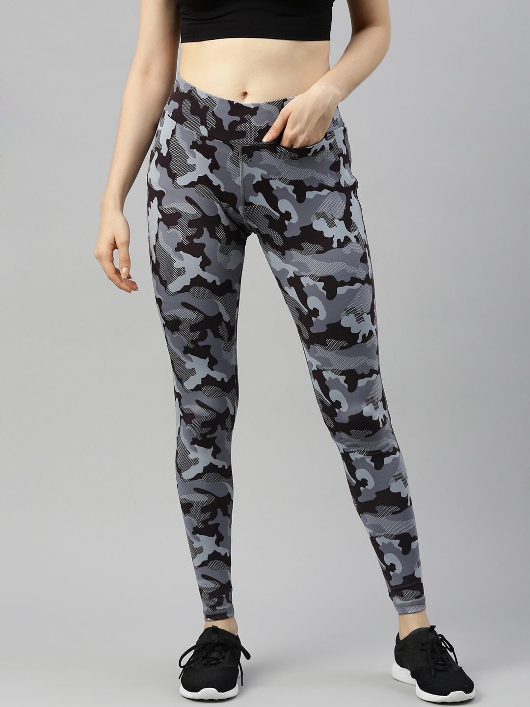 GOLDSTROMS Women Grey & Black Camouflage Printed Flexi Fit Tights Price in India