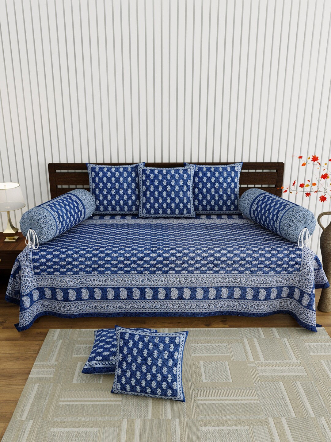 Clasiko 8 Pcs Blue & White Printed Cotton Bedsheet With Bolster & Cushion Covers Price in India