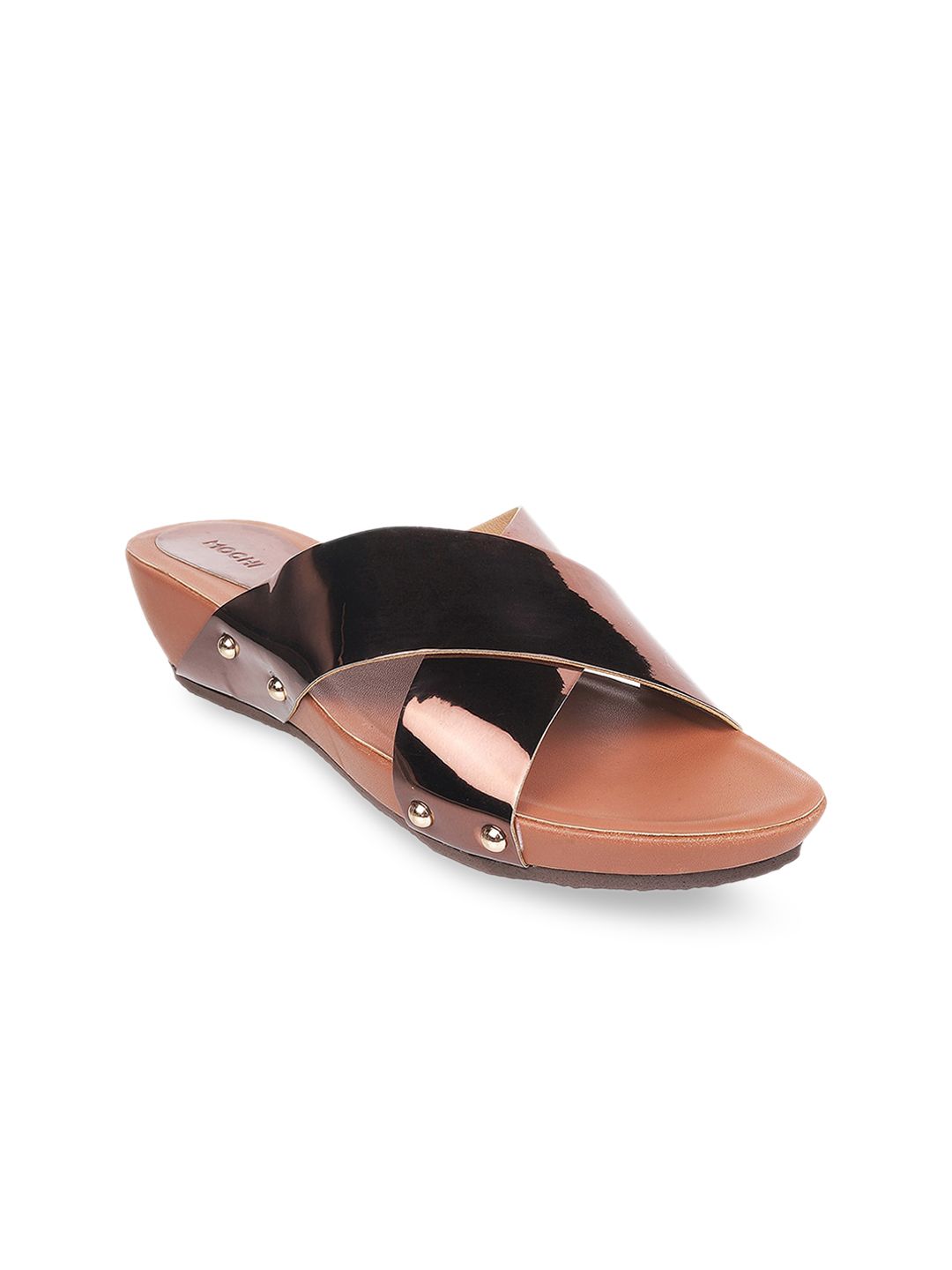 Mochi Bronze-Toned Colourblocked Wedge Mules Price in India