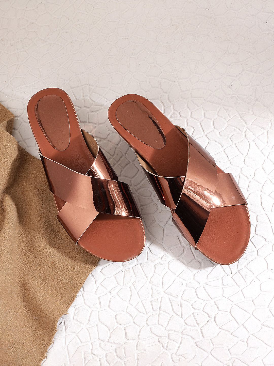 Mochi Bronze-Toned Colourblocked Wedge Mules