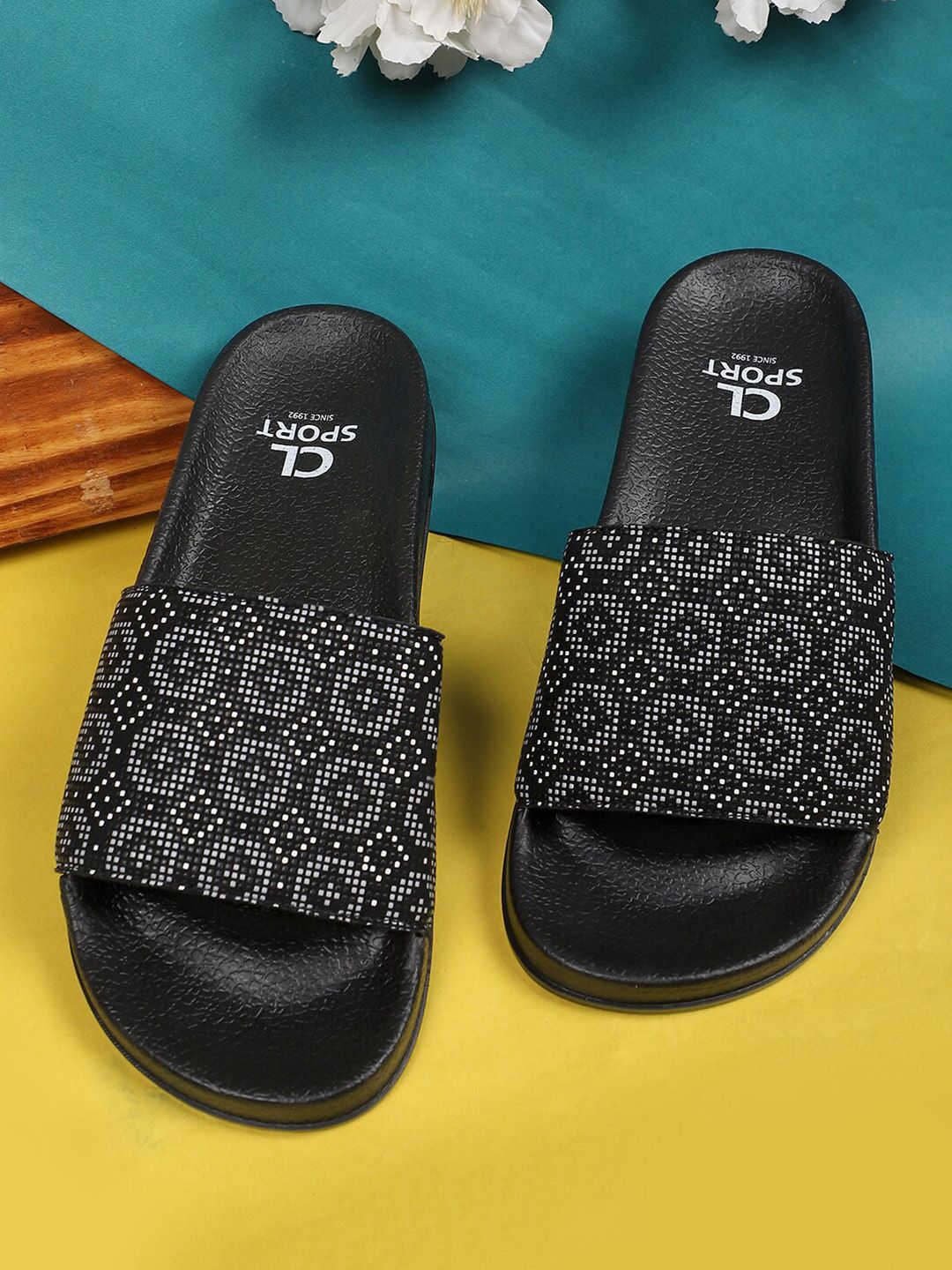 Carlton London sports Women Black Printed Sliders Price in India