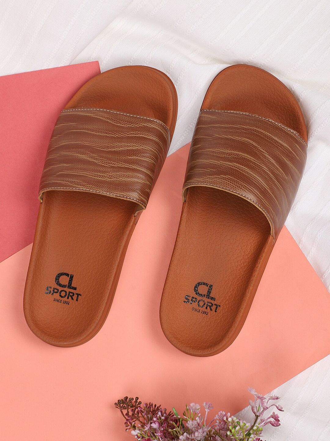 Carlton London sports Women Tan Striped Sliders Price in India