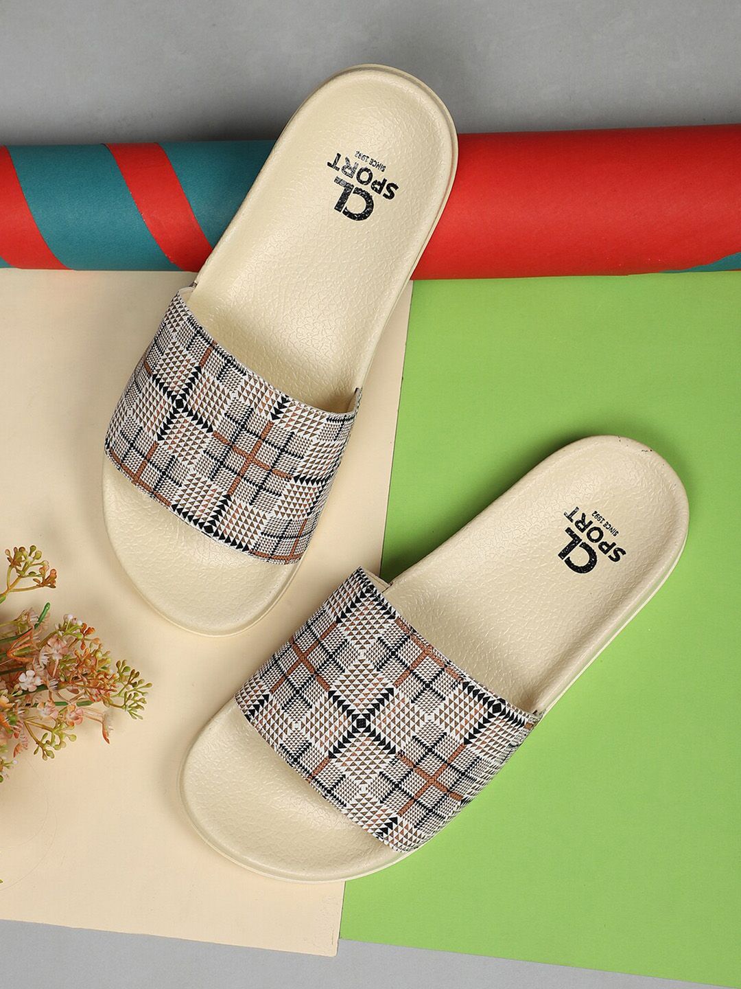 Carlton London sports Women Beige & White Checked Sliders Price in India