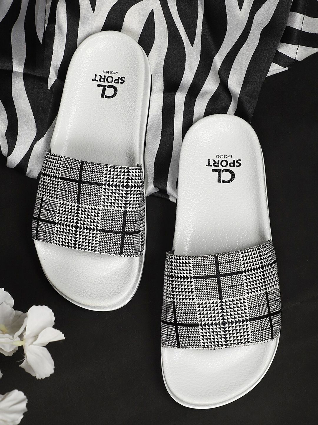 Carlton London sports Women White & Black Printed Sliders Price in India