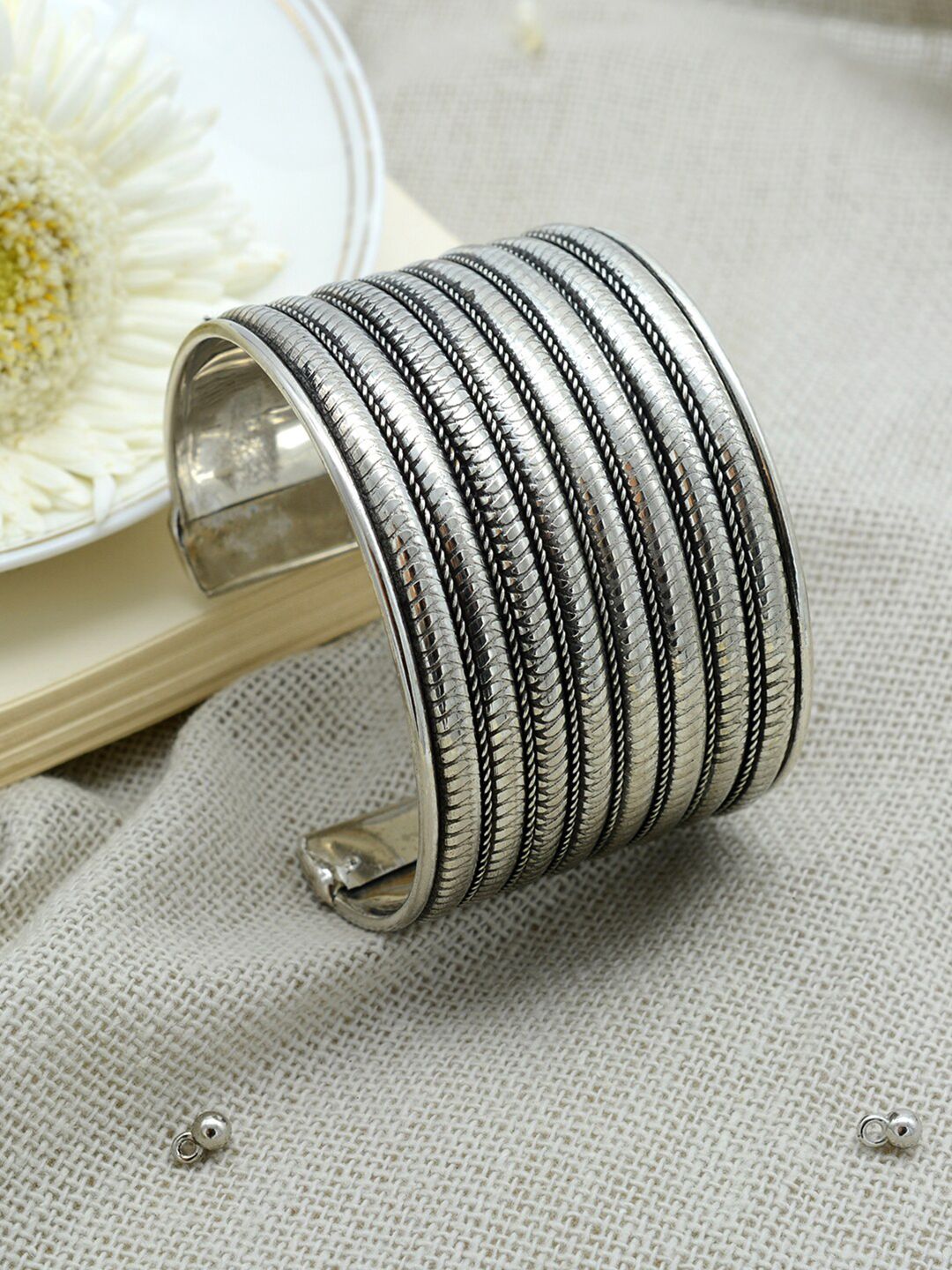 TEEJH Women Seema Oxidised Silver-Plated Cuff Bracelet Price in India