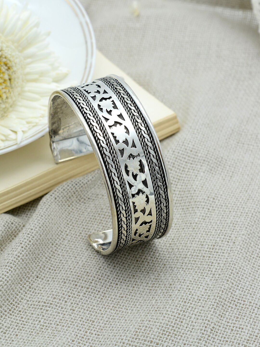 TEEJH Women Silver-Toned & Black Oxidised Silver-Plated Cuff Bracelet Price in India