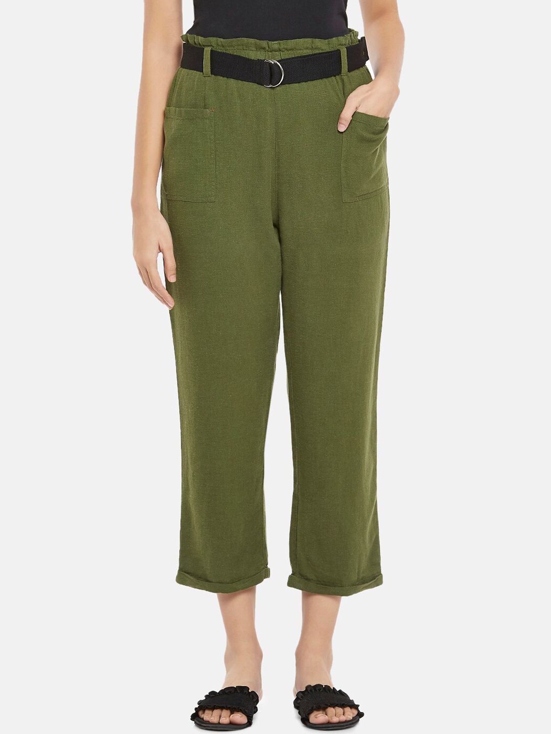 People Women Olive Green Peg Trousers Price in India