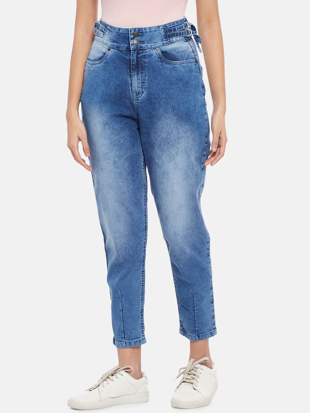 People Women Blue Tapered Fit High-Rise Heavy Fade Jeans Price in India