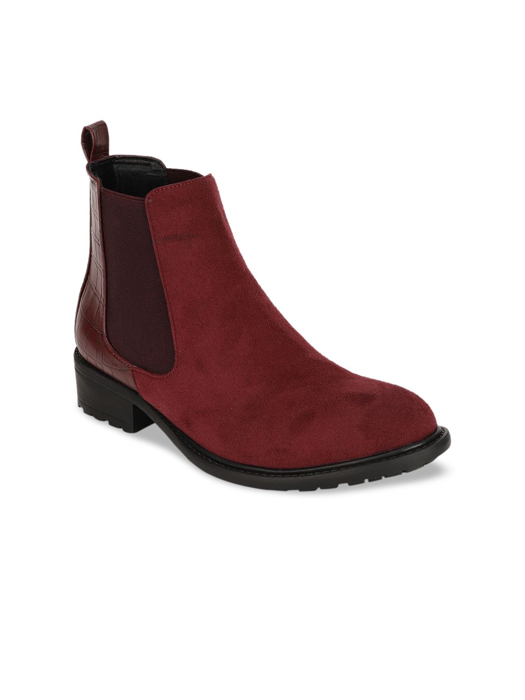Bruno Manetti Women Maroon Suede Block Heeled Chelsea Boots Price in India