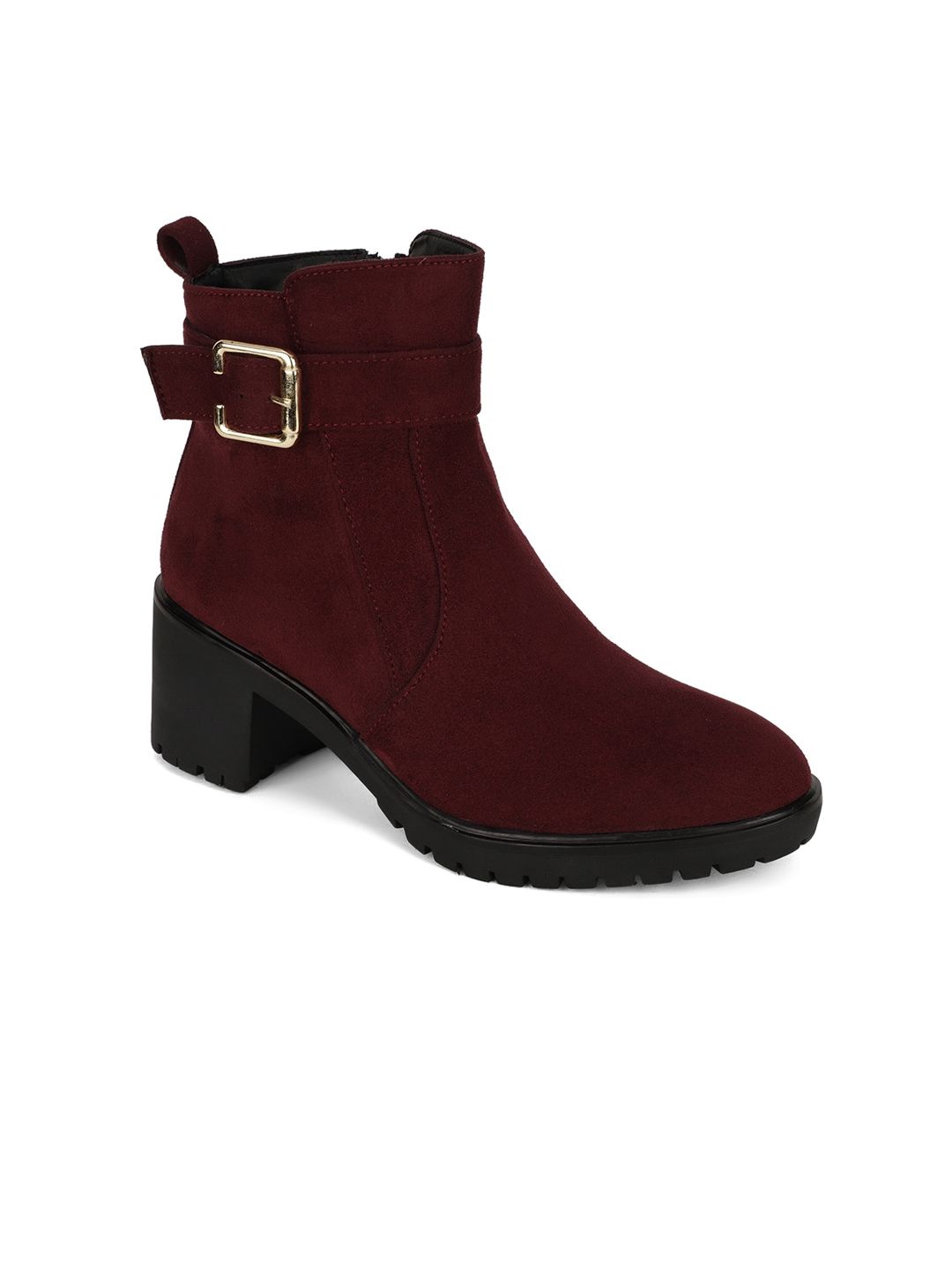 Bruno Manetti Maroon Suede Block Heeled Boots with Buckles Price in India