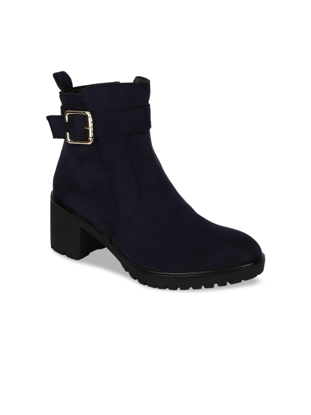 Bruno Manetti Women Navy Blue Suede Block Heeled Boots with Buckles Price in India