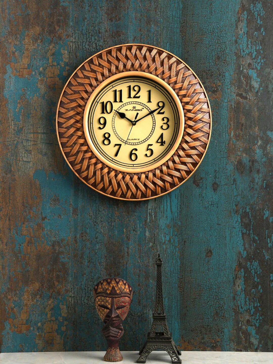 ZANIBO Brown & Black Textured Vintage Analogue Wall Clock Price in India