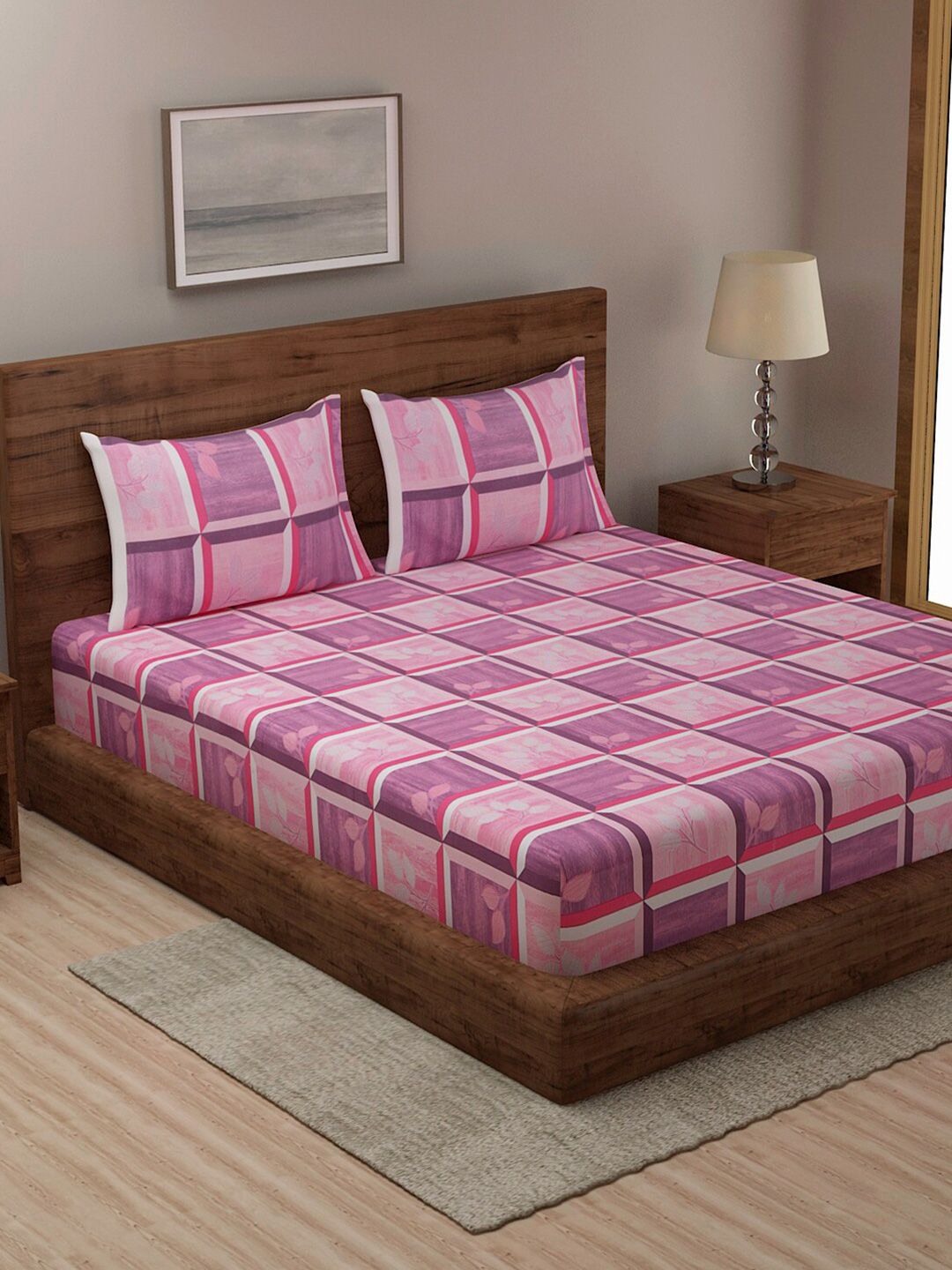 TAG 7 Pink & Purple Geometric 330 TC Pure Cotton King Bedsheet with 2 Pillow Covers Price in India