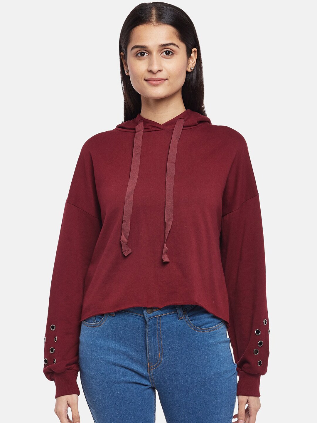 People Women Maroon Hooded Sweatshirt Price in India