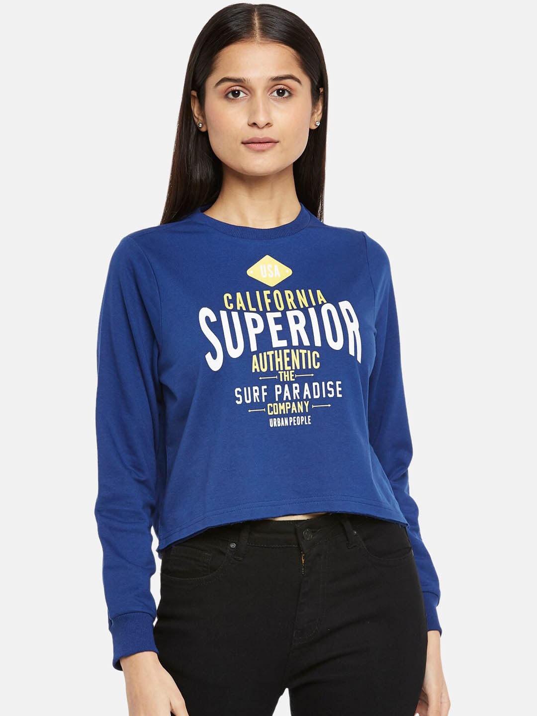 People Women Navy Blue Printed Cotton Sweatshirt Price in India