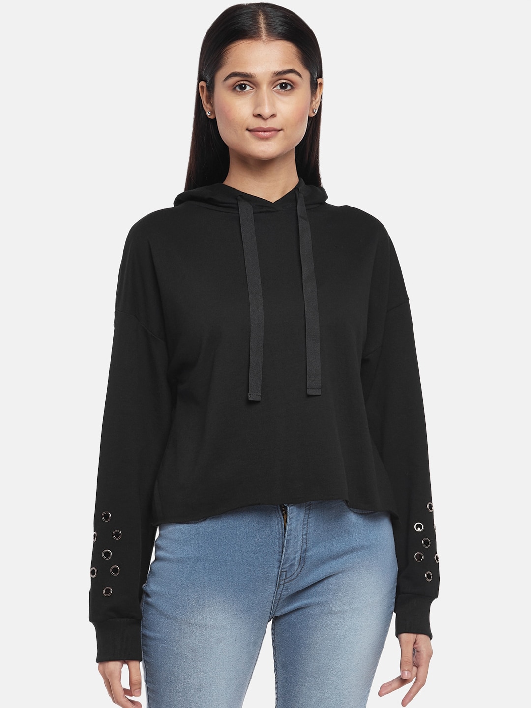 People Women Black Hooded Sweatshirt Price in India