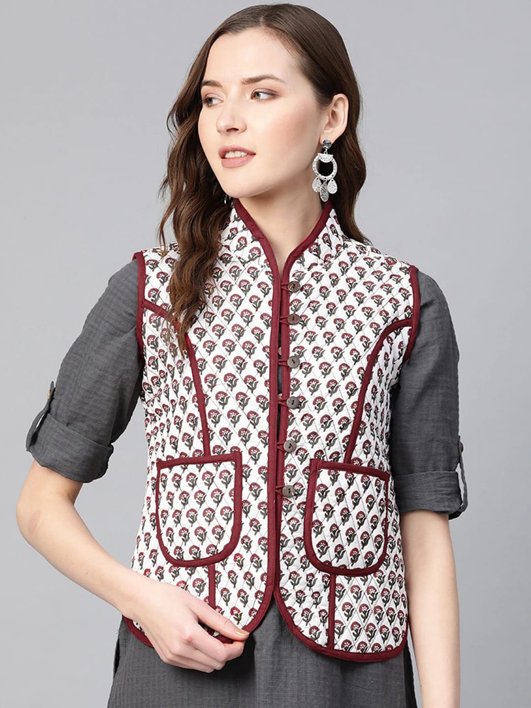 Bhama Couture Women Off White & Maroon Floral Lightweight Cropped Quilted Jacket Price in India