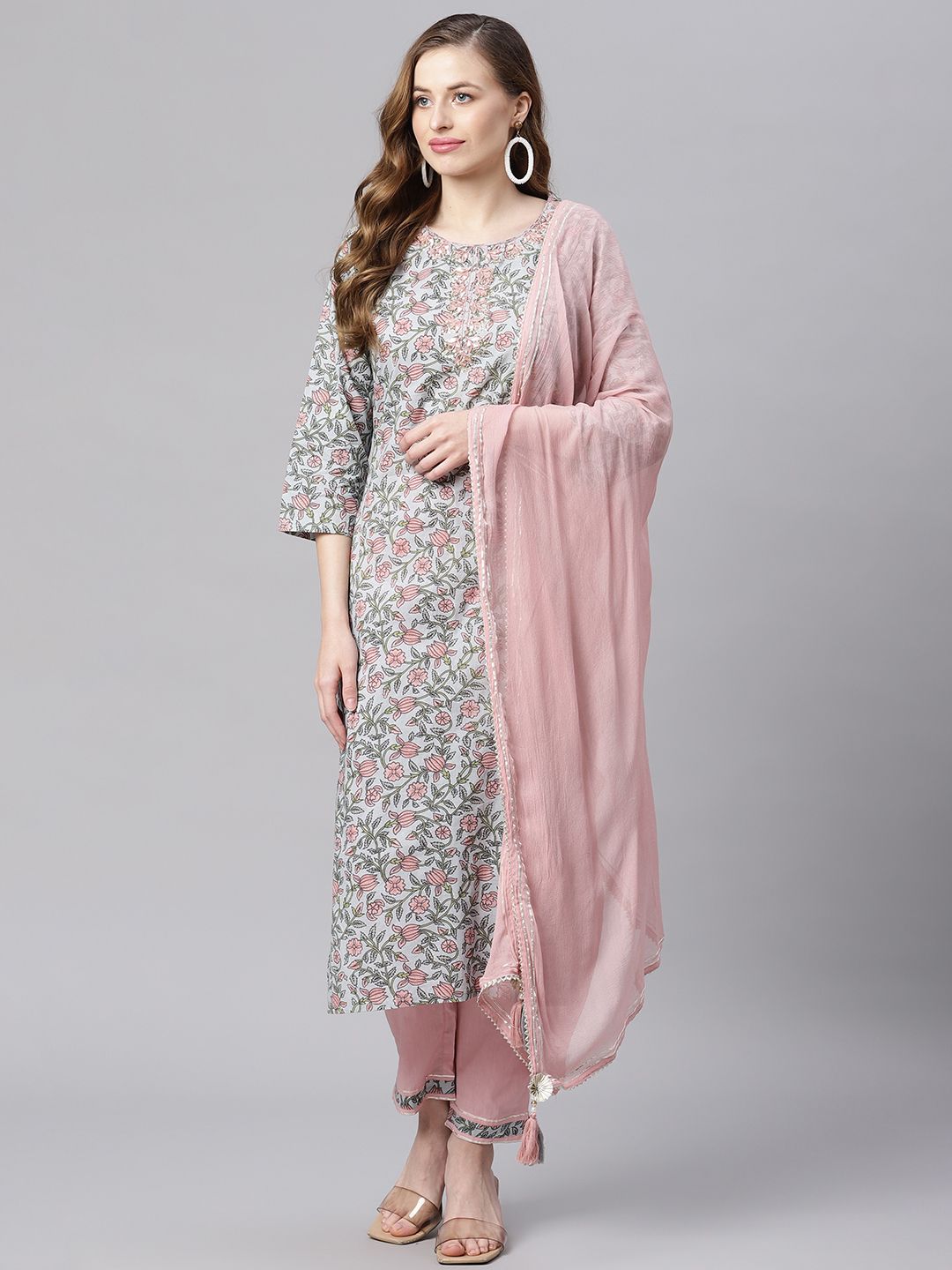 Divena Women Blue Floral Printed Regular Gotta Patti Pure Cotton Kurta with Trousers & With Dupatta Price in India