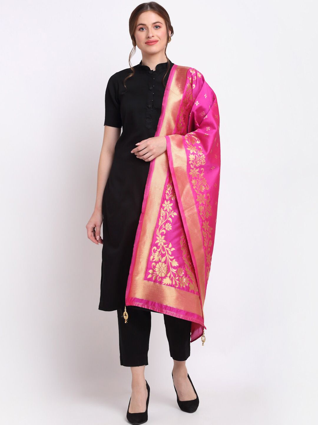 SOUNDARYA Women Pink & Gold-Toned Woven Design Banarasi Silk Zari Stole Price in India