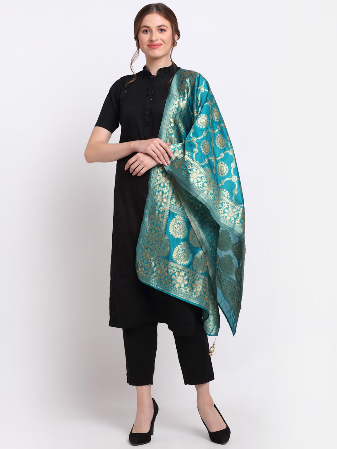 SOUNDARYA Women Turquoise Blue & Gold-Toned Woven Design Stole Price in India