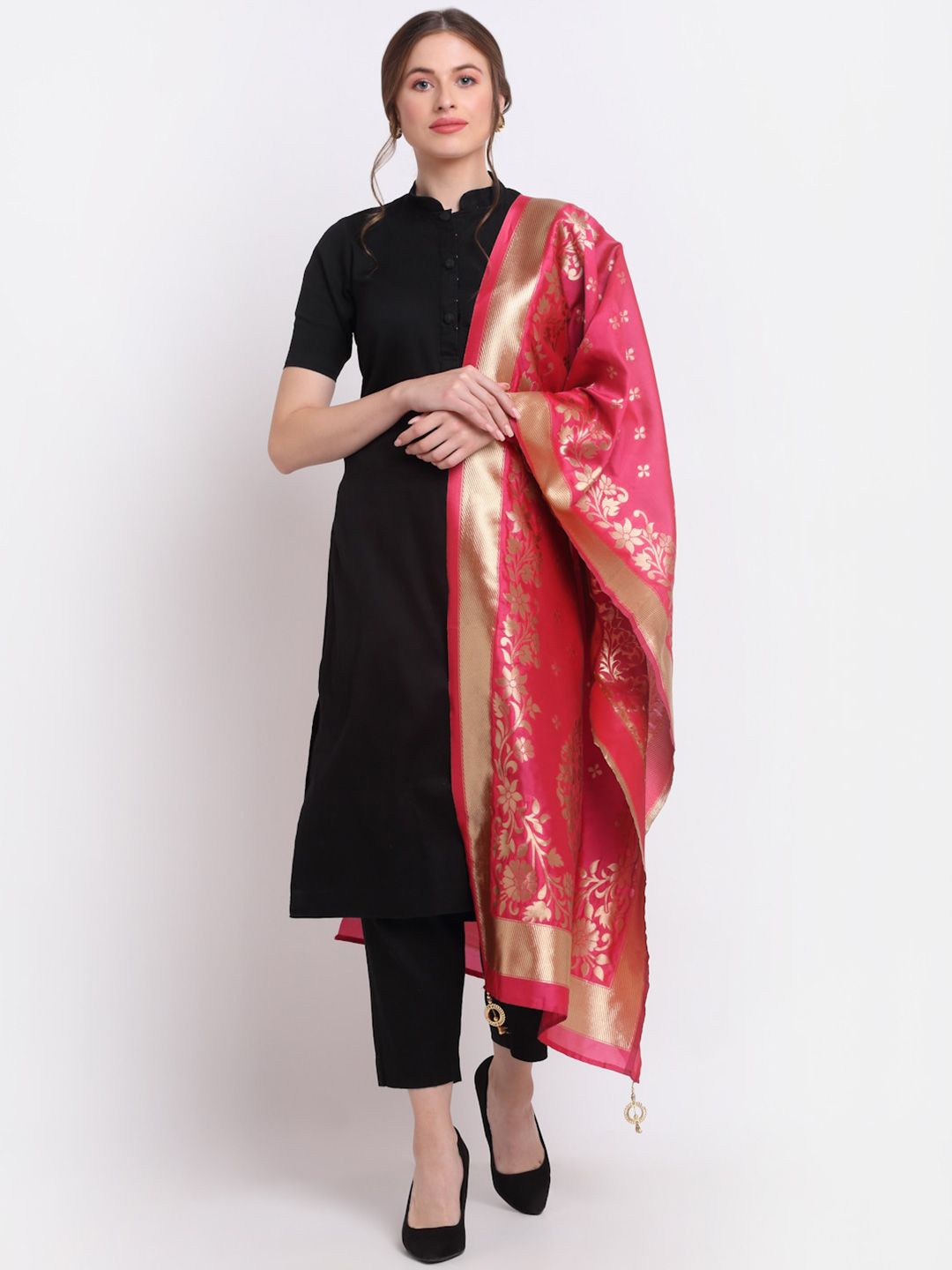 SOUNDARYA Women Magenta Ethnic Motifs Woven Design Banarasi Stole Price in India