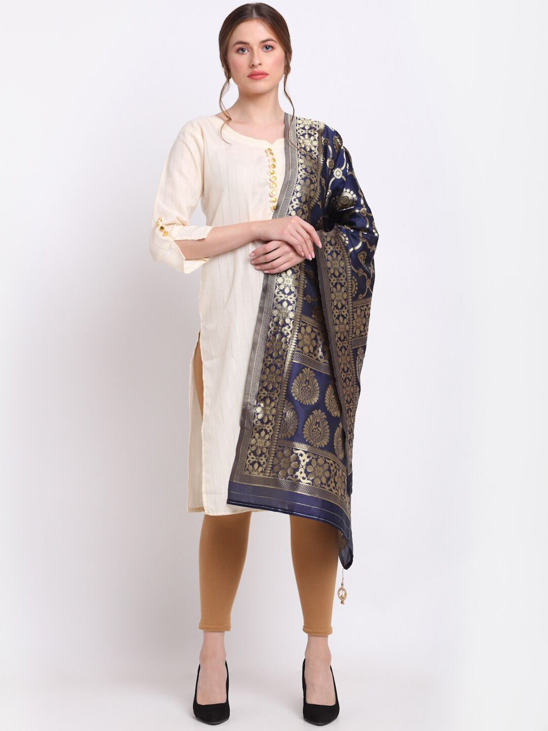 SOUNDARYA Women Navy Blue & Gold-Toned Woven Design Banarasi Silk Zari Embroidered Stole Price in India