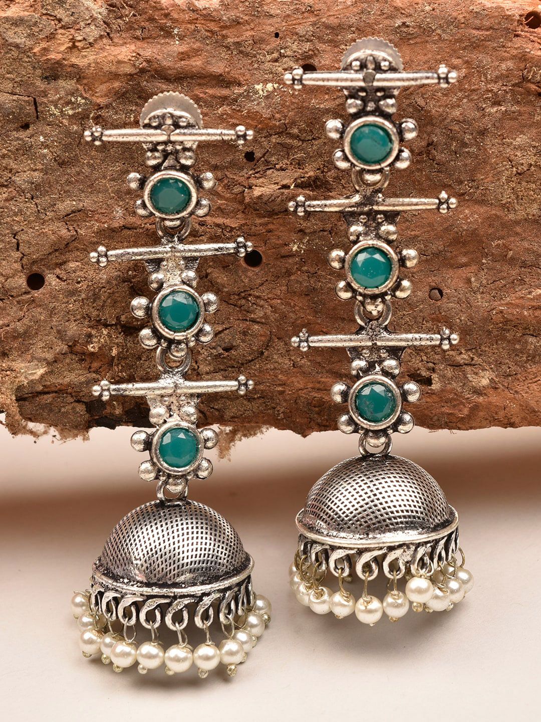 Indi INSIDE Silver-Plated Gunmetal-Toned Contemporary Oxidised Drop Earrings Price in India