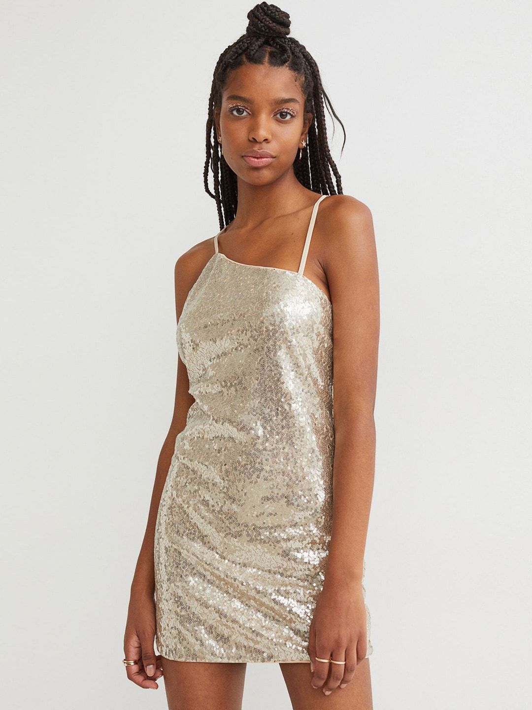 H&M Women Beige & Silver Sequined Dress Price in India
