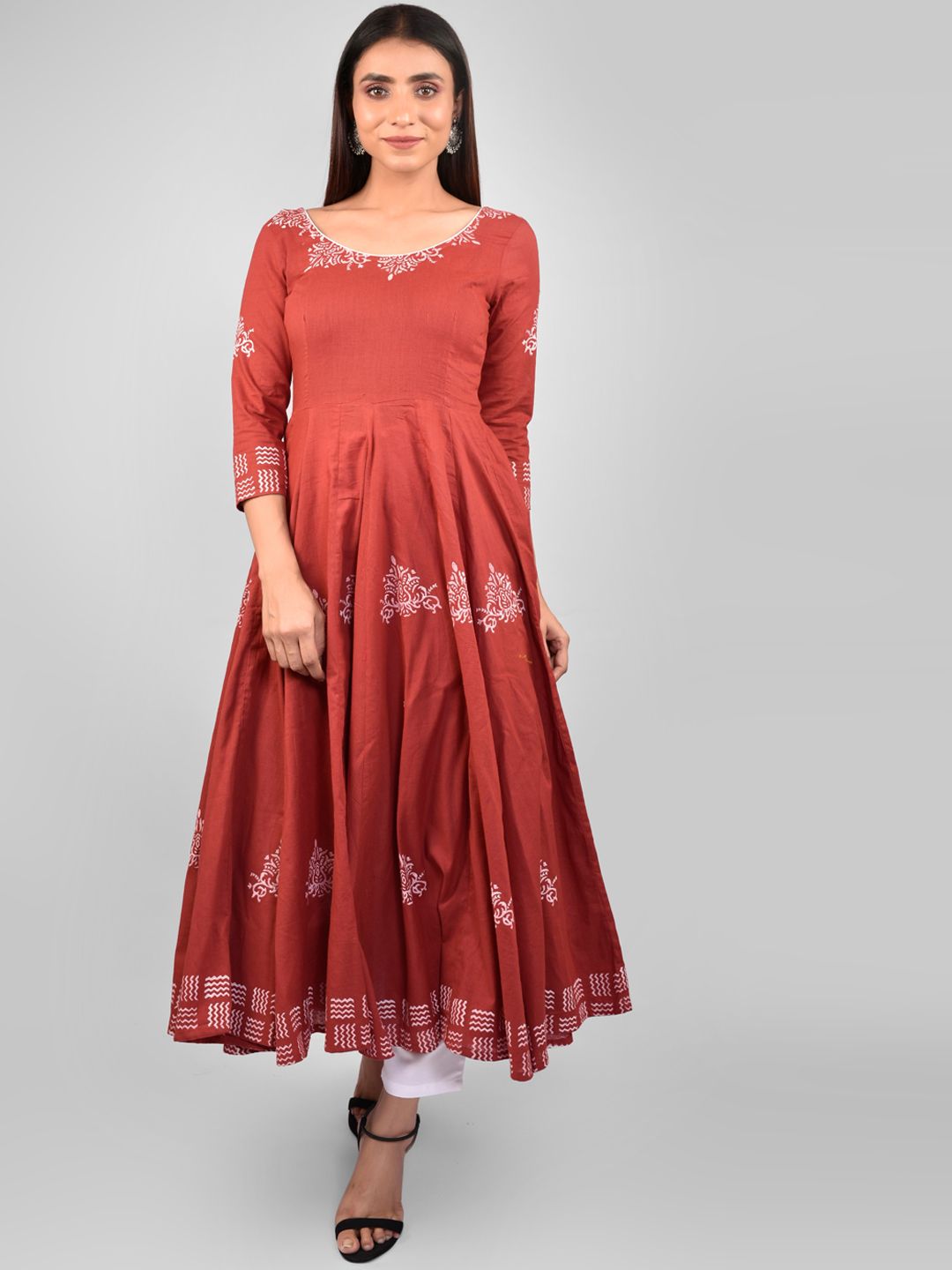 Indi INSIDE Women Maroon Ethnic Motifs Block Printed Anarkali Kurta Price in India