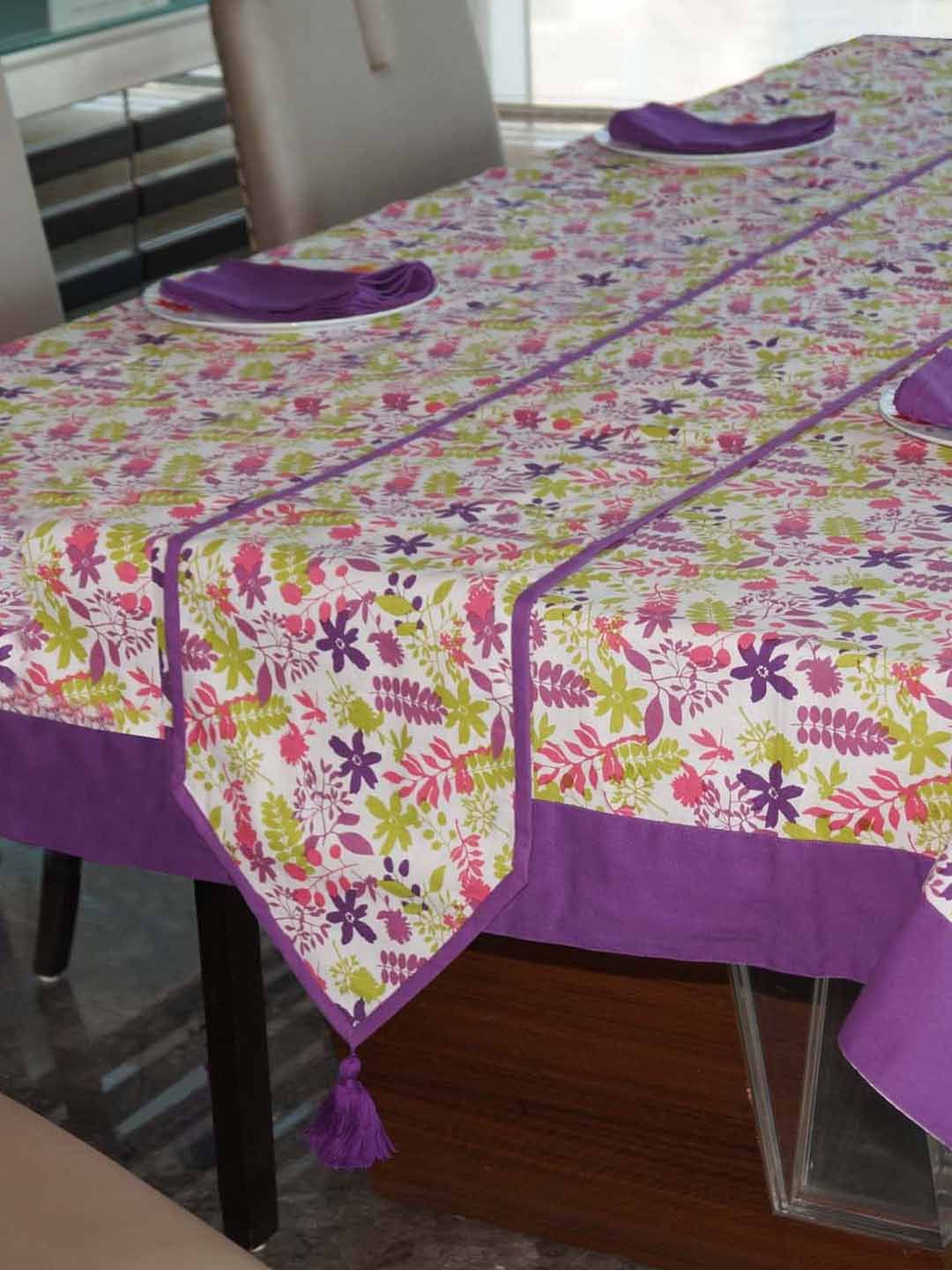 Lushomes White & Purple Printed Pure Cotton 6-Seater Dining Table Cloth With 6 Napkins & 1 Runner Price in India