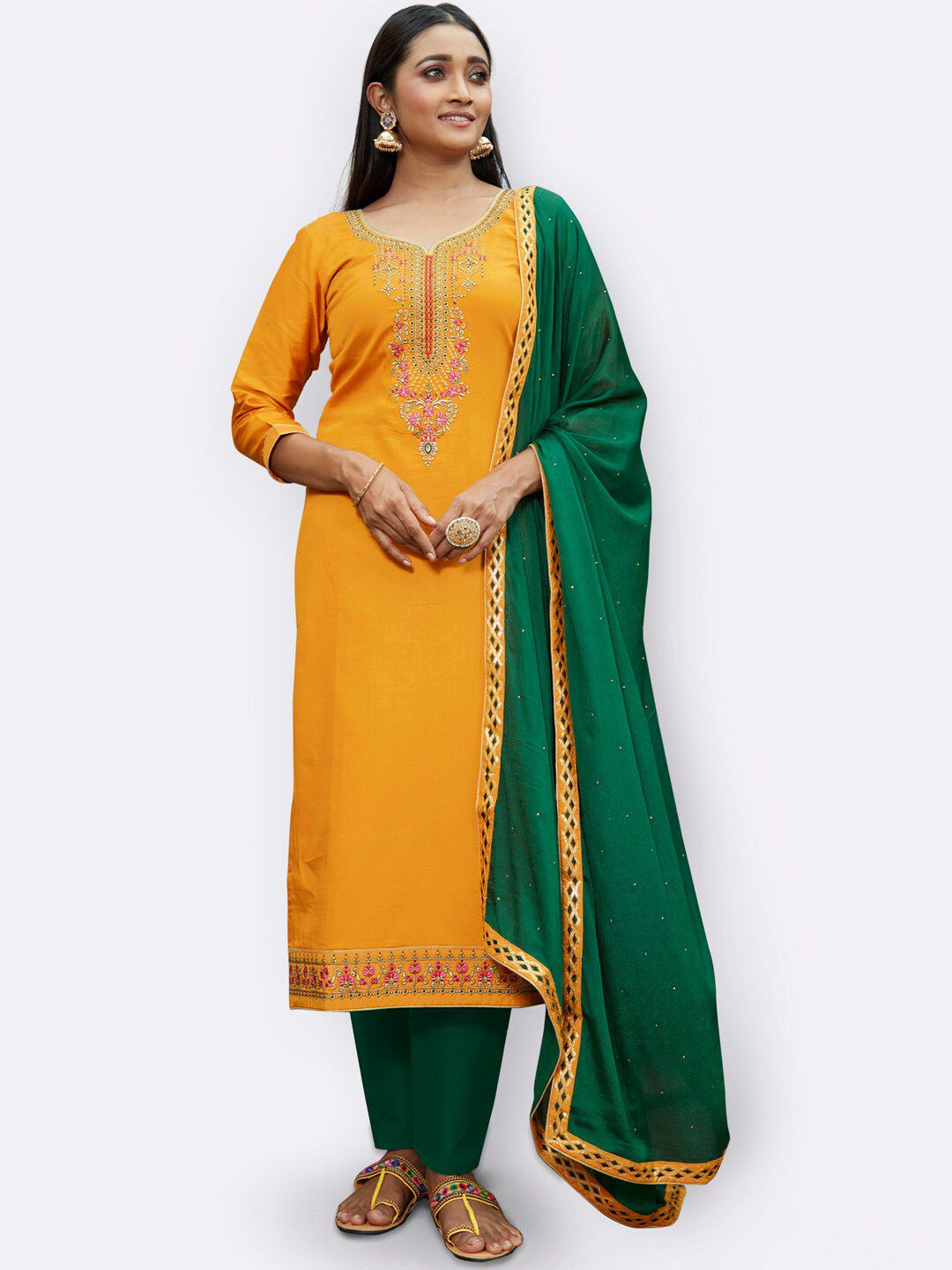 Kvsfab Mustard & Green Embroidered Unstitched Dress Material Price in India