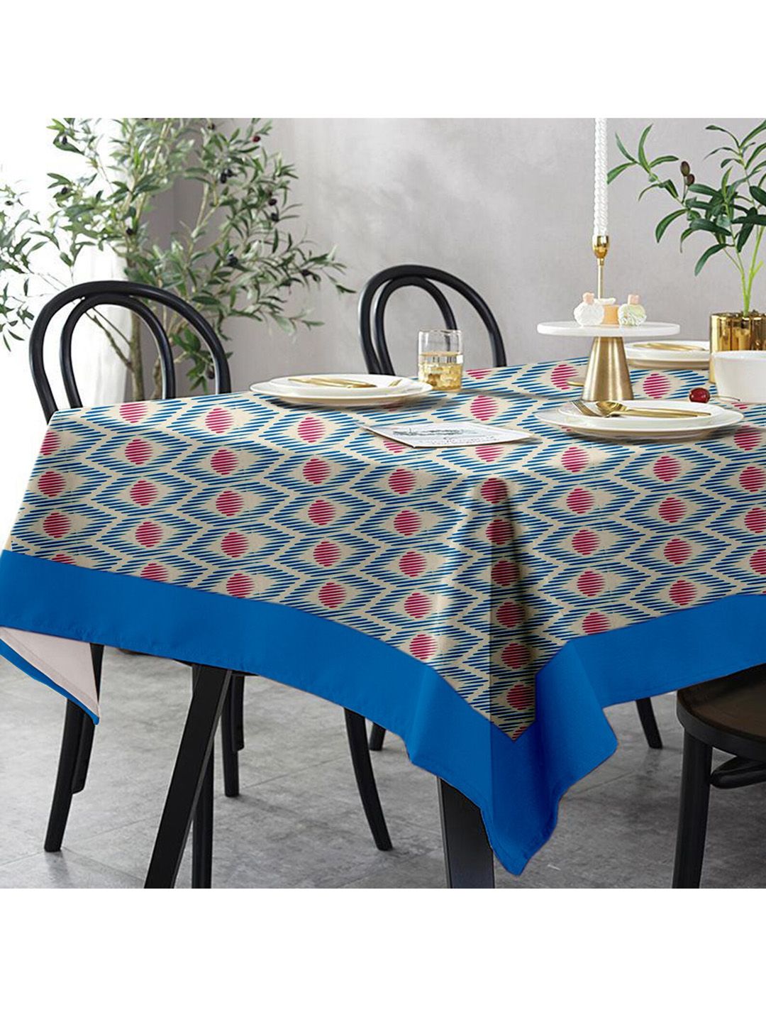 Lushomes Blue & Red Diamond Printed 12 Seater Table Cloth Price in India