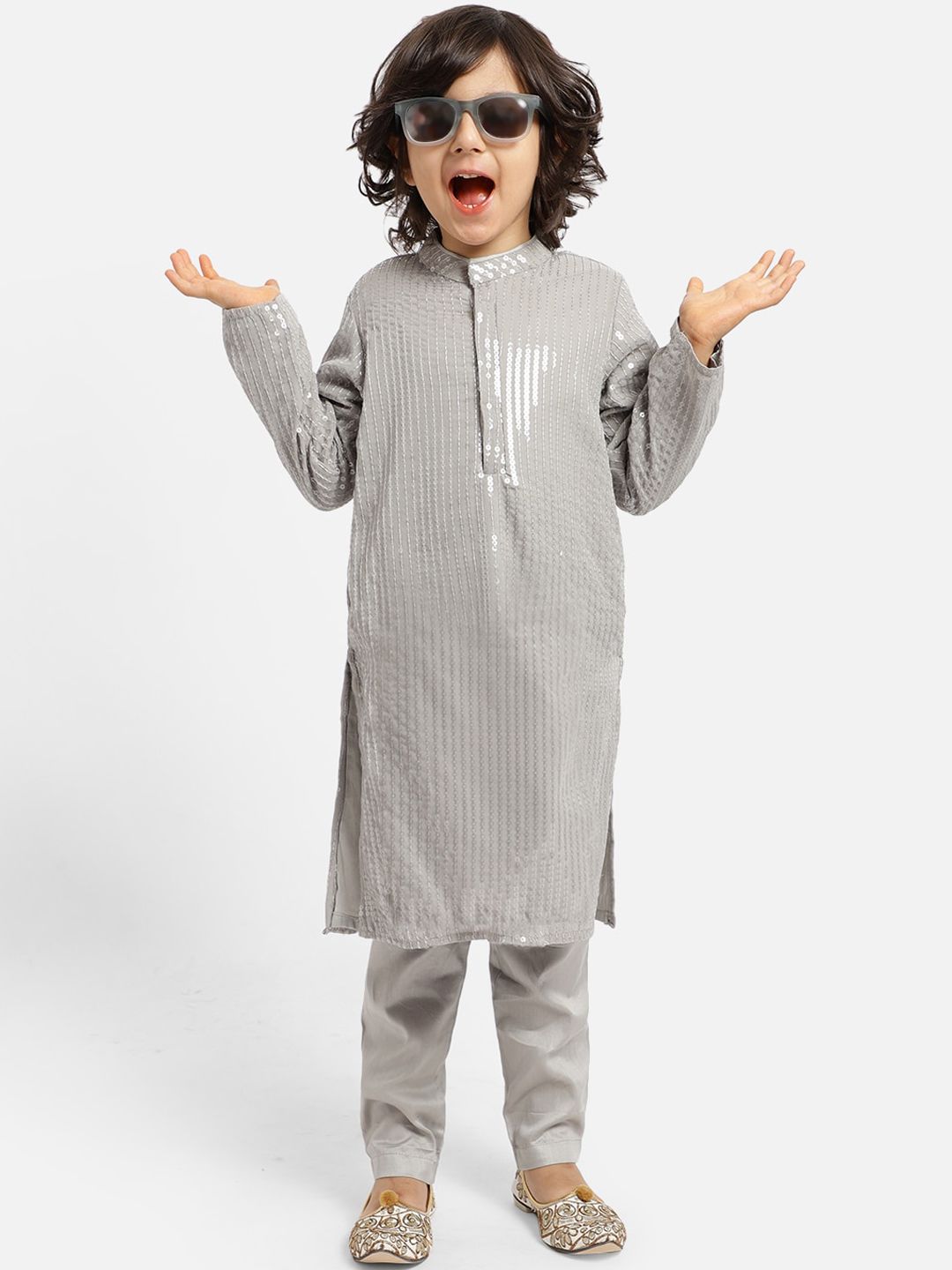 PICCOLO Boys Grey Striped Sequinned Kurta with Churidar