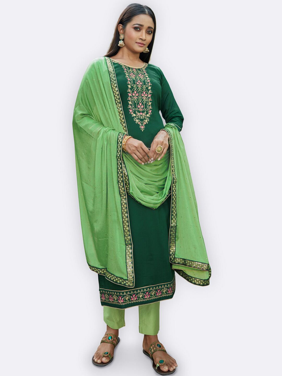 Kvsfab Green Embroidered Unstitched Dress Material Price in India