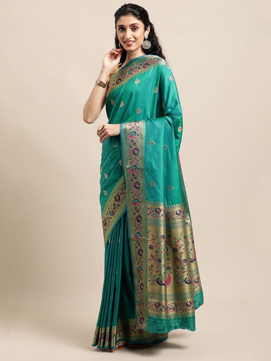 Mitera Teal Green Ethnic Motifs Zari Silk Blend Paithani Saree Price in India