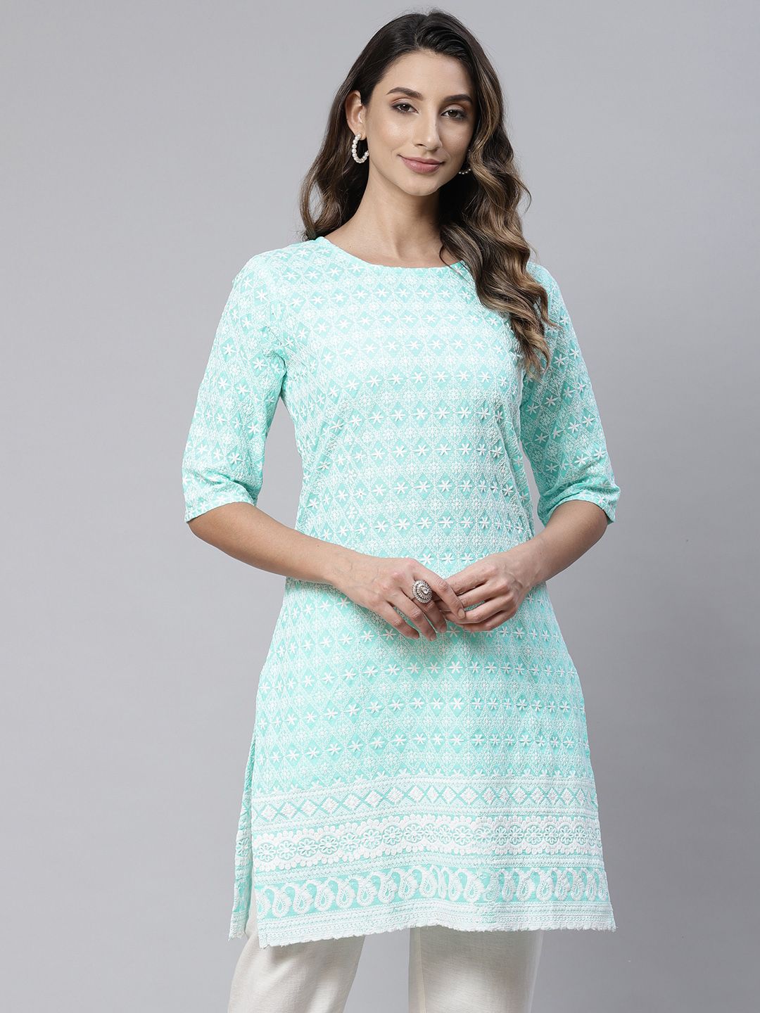 SWAGG INDIA Sea Green Embroidered Chikankari Kurti Price in India