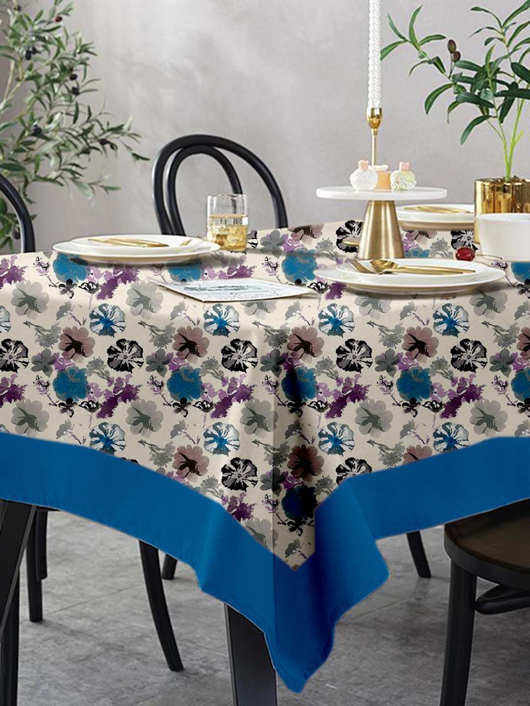 Lushomes Blue & White 8 Seater Watercolour Printed Table Cloth Price in India