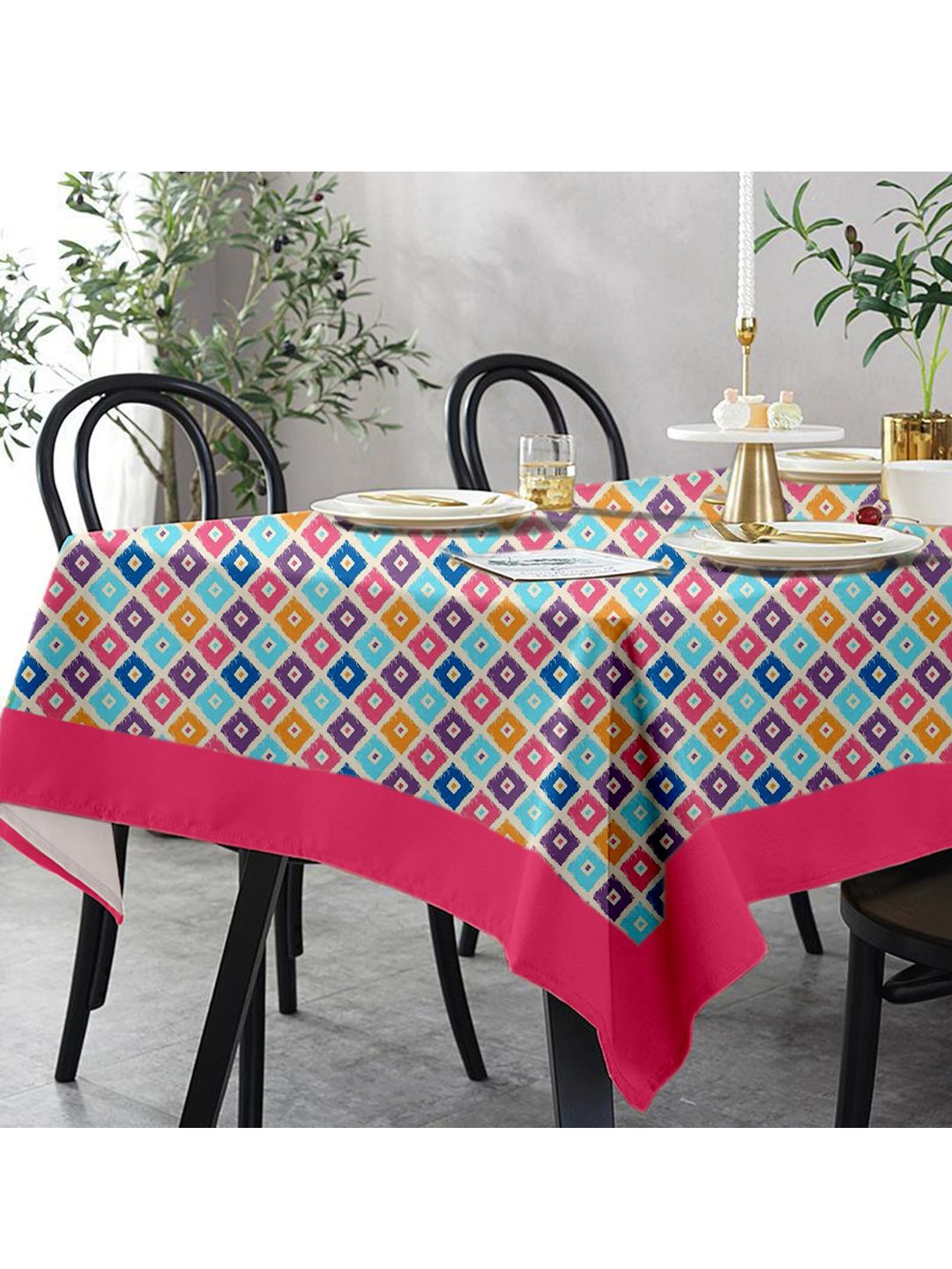 Lushomes Pink & Green 8 Seater Square Printed Table Cloth Price in India