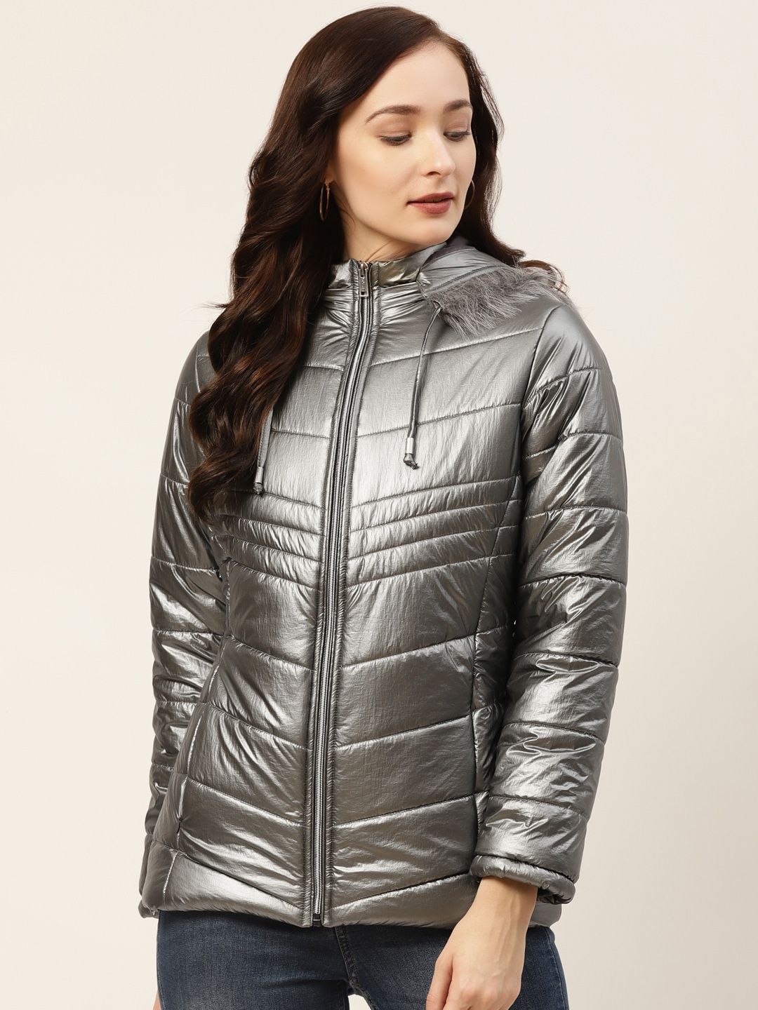 Okane Women Silver Solid Parka Jacket with Detachable Hood Price in India