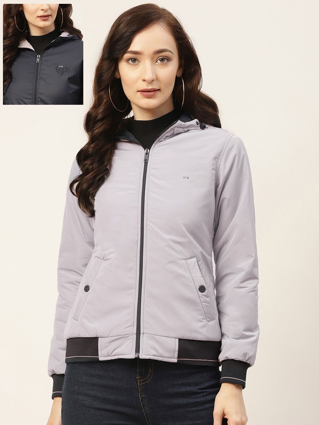 Okane Women Lavender Navy Blue Reversible Padded Jacket Price in India