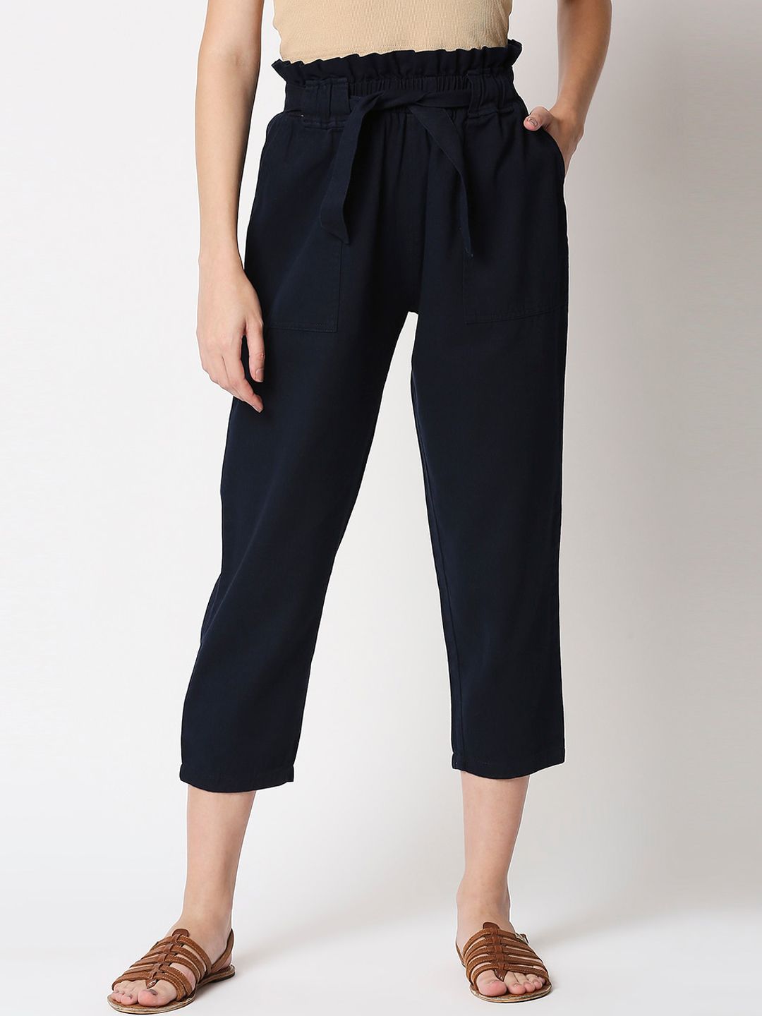 High Star Women Navy Blue Straight Fit High-Rise Peg Trousers Price in India