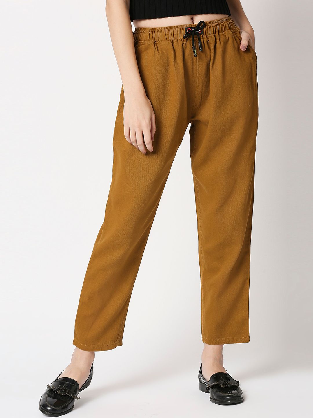 High Star Women Rust Orange Mom Fit Cotton Trousers Price in India