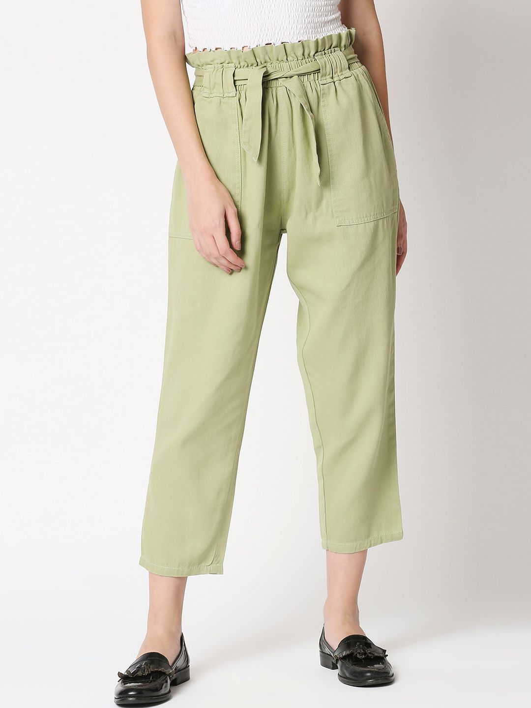 High Star Women Green Straight High-Rise Pure Cotton Cropped Trousers Price in India