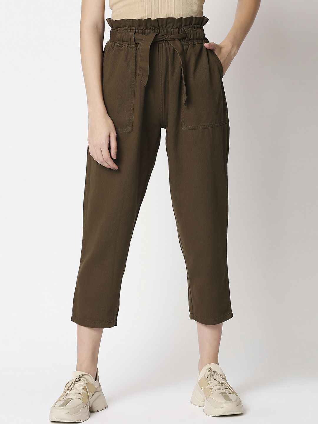 High Star Women Brown Straight Fit High-Rise Pleated Trousers Price in India